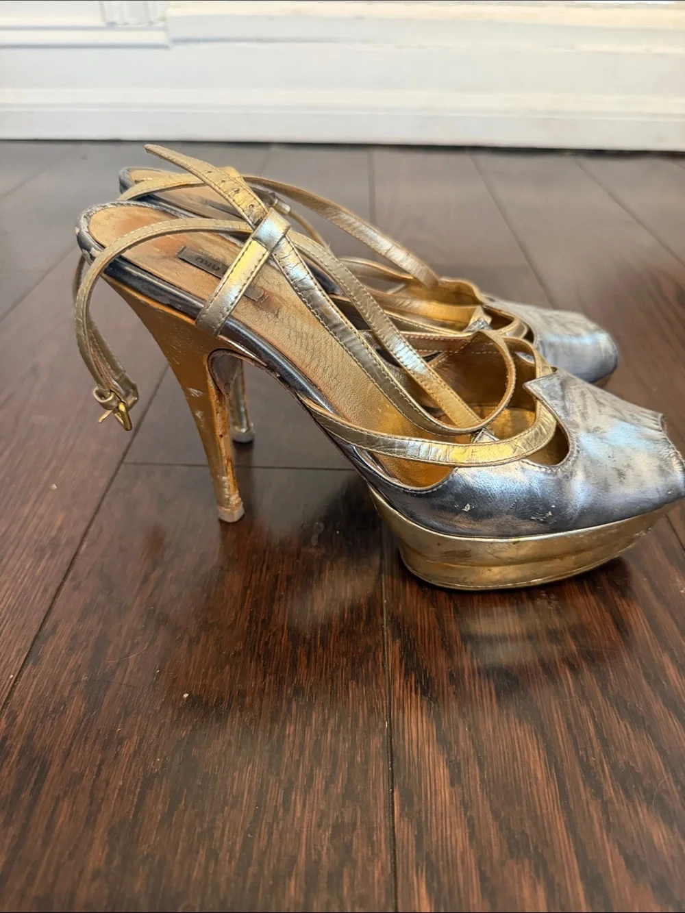 Miu Miu Metallic Peep-Toe Slingback Heels in Gold and Silver